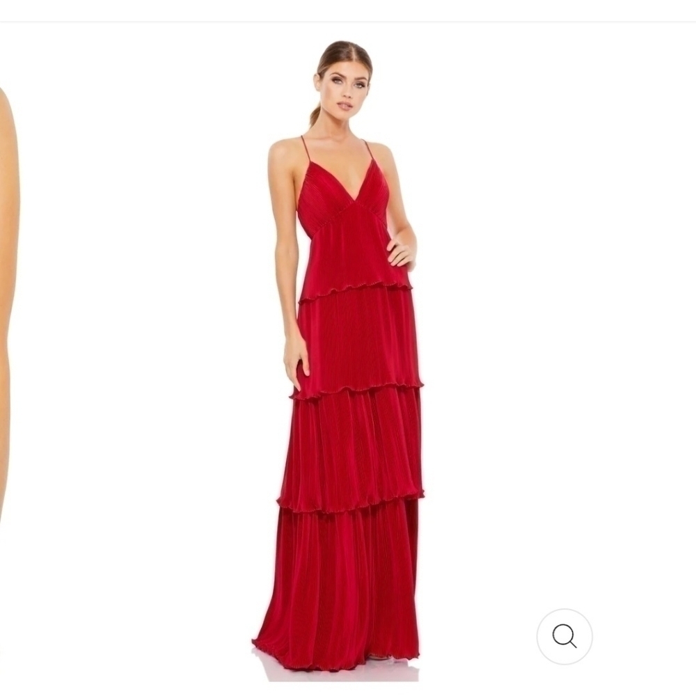 Mac Duggal Red Tiered Spaghetti Strap Prom Gown